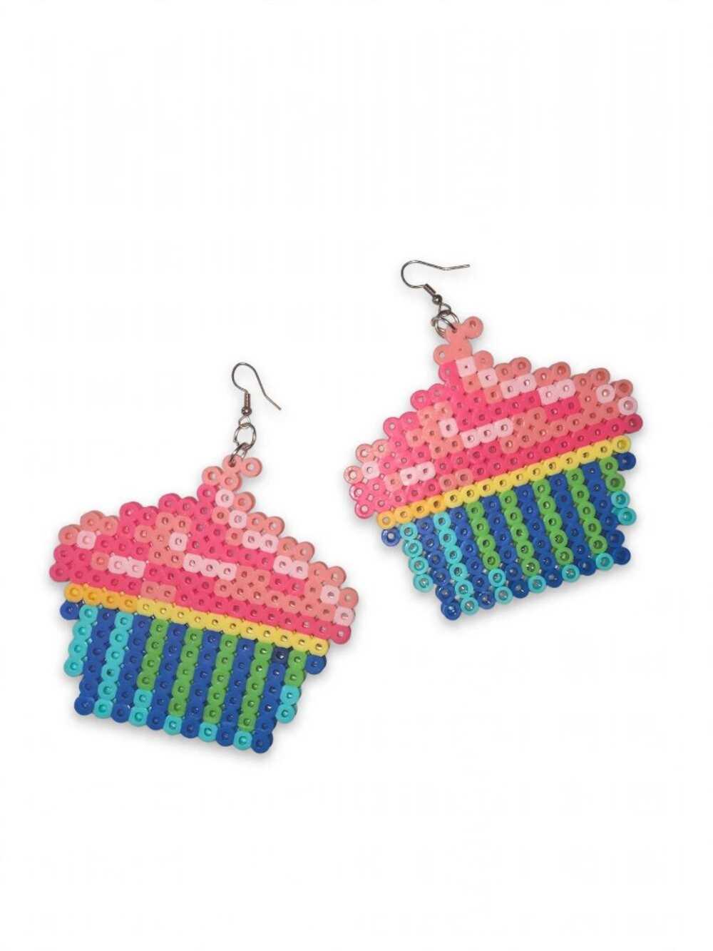 Handmade Large Cupcake Perler Bead Dangle Earrings - Pink Frosting Statement